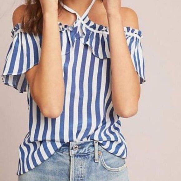 ❤️ Anthropologie Larke Blue white Stripe Emilie Off the shoulder Blouse Top ❤️ - Picture 7 of 8